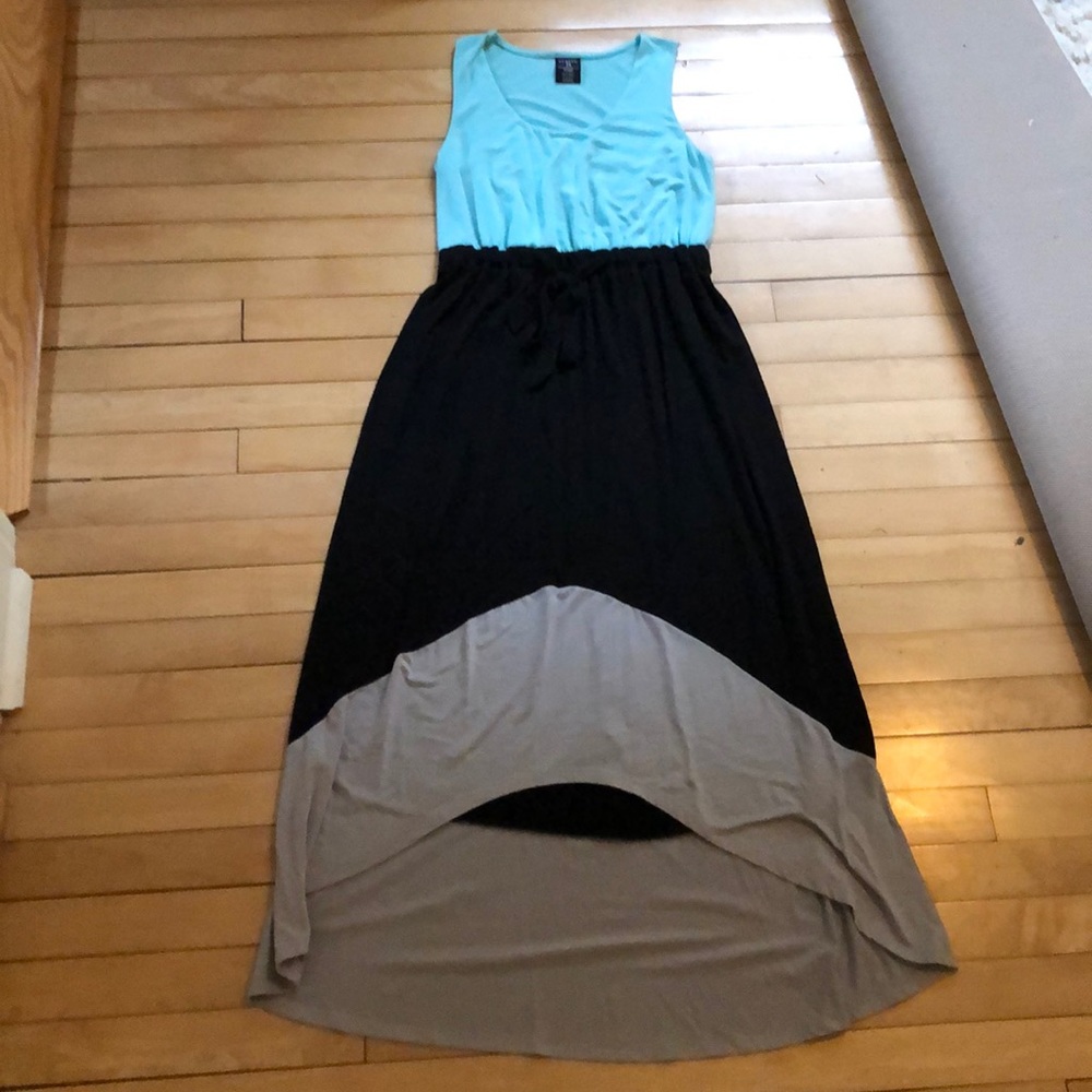 Light blue, black, and gray maxi dress